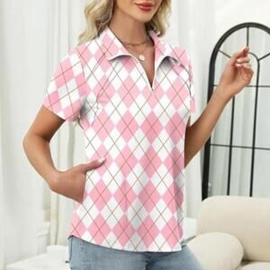 Golf Polo Pink & White Shirts Short Sleeve Tops Moisture Wicking With Pockets